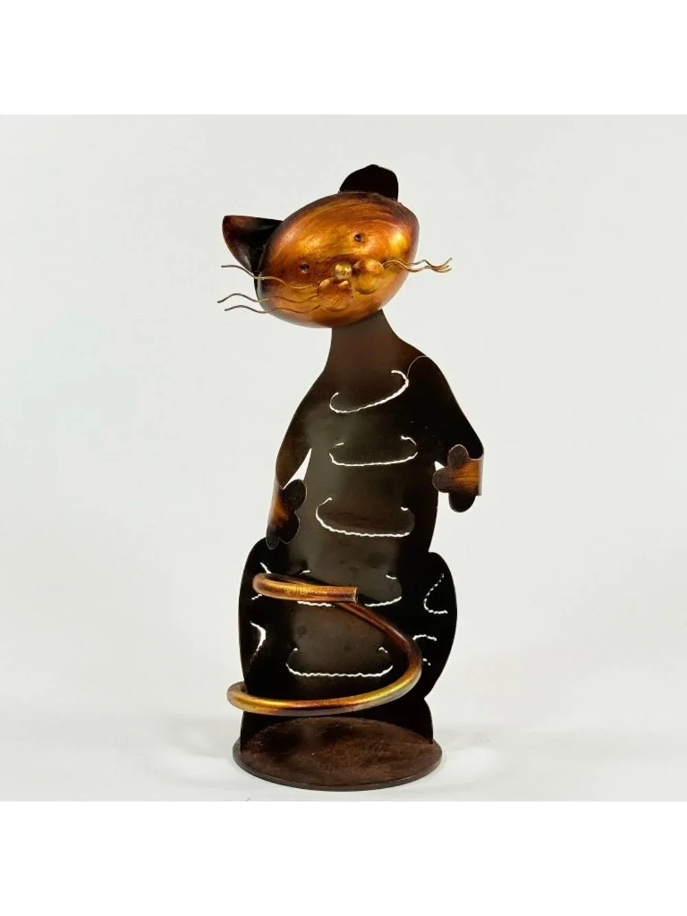 Metal Cat Wine Bottle Holder Whimsical Bronze Tone Rustic Kitchen Bar Decor 13”
